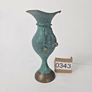 Vintage Small Brass Bud Vase Flare Rope Tassel Tie 5.5" blue patina Made India
